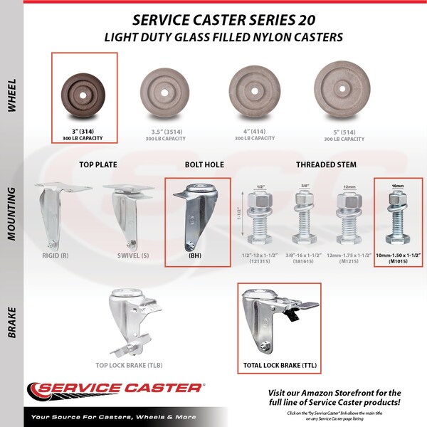 Service Caster 3 Inch SS High Temp Glass Filled Nylon 10mm Stem Caster Total Lock Brake SCC SCC-SSTSTTL20S314-GFNSHT-M1015 - main
